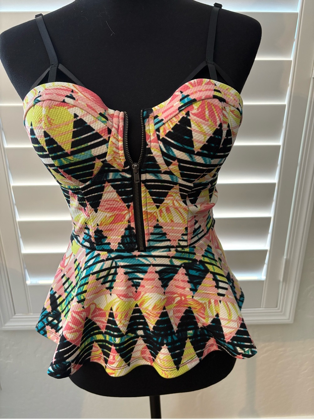 Material Girl Strapless Peplum Bustier Top in Pink, Yellow & Black